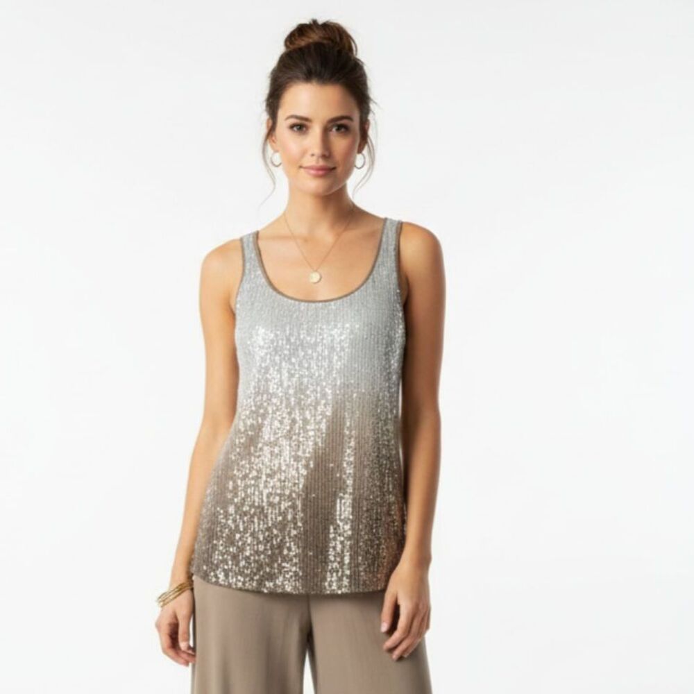 Chicos Taupe Brown Sequins Trim Sleeveless Tank Top 1 M